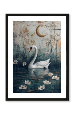 Elegant swan under moonlight serene pond art illustration tranquil nature close-up perspective dreamy scene