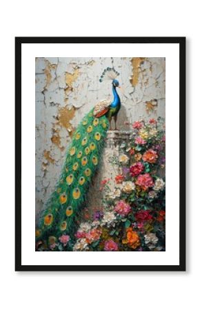 Vibrant peacock amidst blossoming flowers abandoned wall artwork nature close-up beauty of colors