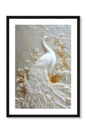 Elegant white peacock sculpture artistic relief design indoor decor serene atmosphere close-up view nature inspired