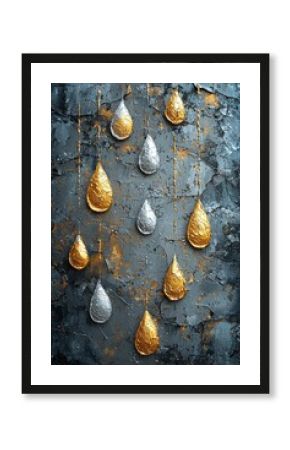 Artistic metal raindrops on textured dark wall abstract artwork contemporary close-up modern aesthetics