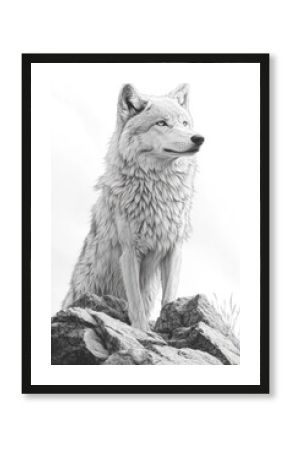 Majestic white wolf sitting on rocks, gazing into the distance.