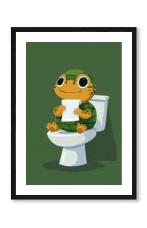 Happy Turtle Sitting on Toilet with Toilet Paper - Cartoon Illustration