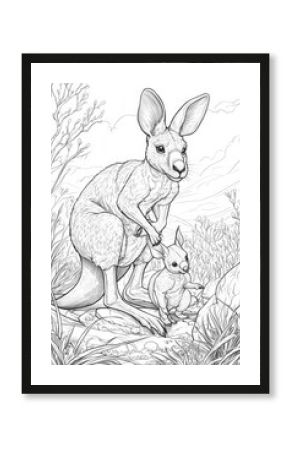 Kangaroo and Joey Line Art Illustration . Children coloring page