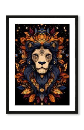 A lion with a crown of leaves on its head. The lion is surrounded by a lot of leaves and flowers, giving it a very artistic and whimsical appearance