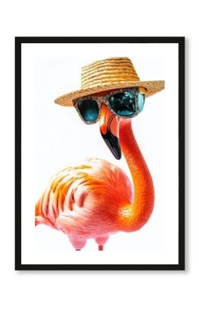 A flamingo wearing sunglasses and a straw hat. The flamingo is standing on a white background