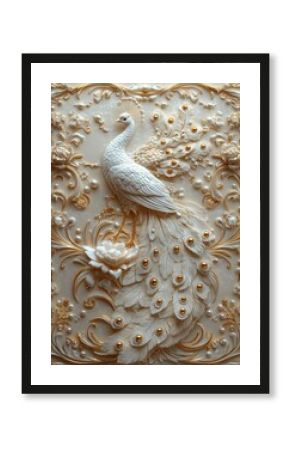 White peacock relief, ornate background, wall decor, elegant home design
