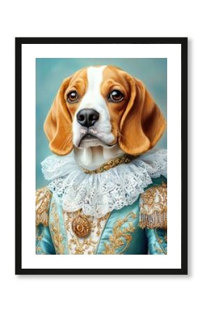 Pets Portrait, a sweet Beagle in a pastel sky-blue royal outfit, gold embroidery and ruffled lace cuffs, soft nostalgic lighting