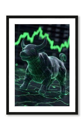 3D Wireframe Bull Stands Firmly on Glowing Green Stock Market Charts Display