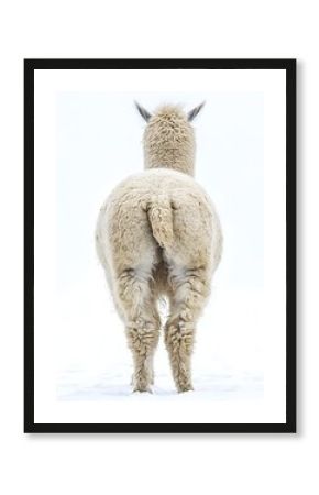 A fluffy llama standing in the snow, showcasing its rear view against a soft white background