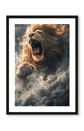 Fierce Lion Roaring Over Stormy Ocean Waves: A Majestic Wildlife Portrait of Power and Ferocity in Nature's Dramatic Turmoil and Energy