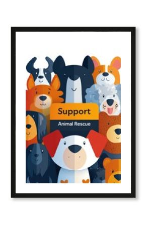 Illustration of a colorful event poster reading "Support Animal Rescue"