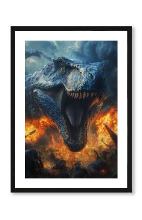 A pixelated dinosaur roaring amidst a fiery explosion and chaotic battle scene, with dramatic lighting