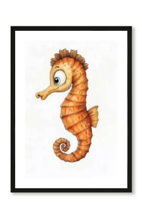 Cheerful cartoon seahorse with expressive eyes on white background