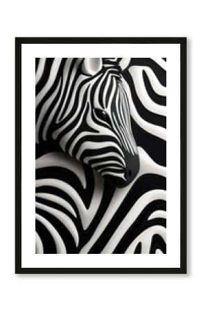 Striking black and white zebra head closely integrated with abstract patterns in a unique design