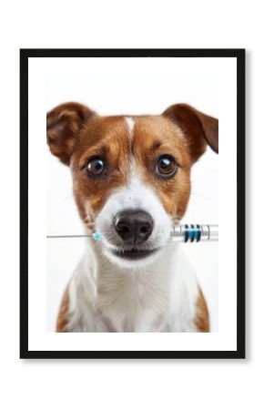 Adorable dog playfully holds syringe in mouth.