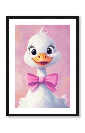 Cute white goose with pink bow, character design of a silly goose, vintage style