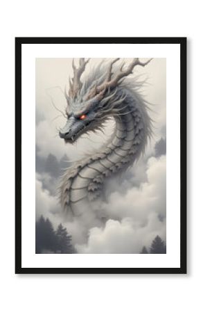 A traditional Chinese watercolor painting of a dragon soaring through the clouds and mist,dragon,cloud,sky,eastern dragon,horns,mountain,no humans,outdoors,glowing,water,scales,