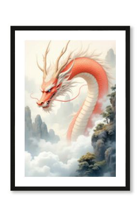 A traditional Chinese watercolor painting of a dragon soaring through the clouds and mist,dragon,cloud,sky,eastern dragon,horns,mountain,no humans,outdoors,glowing,water,scales,