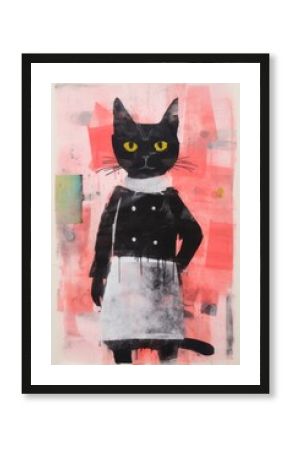 Black cat in chef outfit animal art painting.