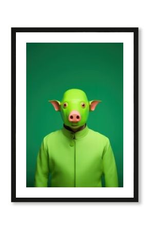 Person wearing green pig mask