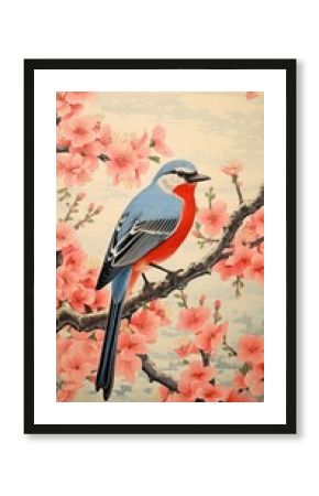 Traditional japanese wood block print illustration of bird with spring flowers garden landscape painting blossom animal.