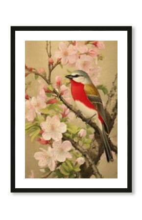 Traditional japanese wood block print illustration of bird with spring flowers garden landscape painting animal plant.