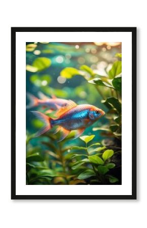 Vibrant tropical fish swimming gracefully among lush green aquatic plants in a serene home aquarium environment