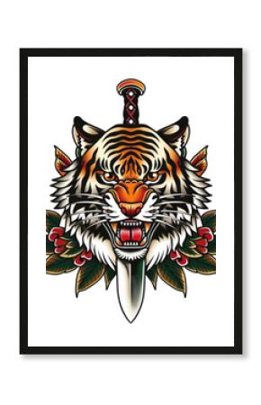 PNG Tattoo illustration tiger and knife traditional animal wildlife.