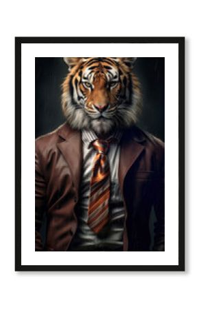 Tiger dressed in elegant suit, powerful businessman, confident feline leader, anthropomorphic animal posing with charismatic human attitude