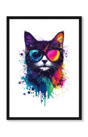 PNG Cat wearing sunglasses with colorful paint splashes art illustration animal.