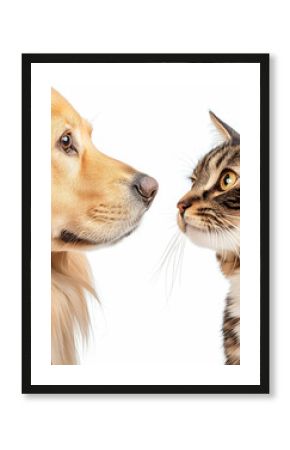 Golden retriever and tabby cat face-to-face, isolated on white
