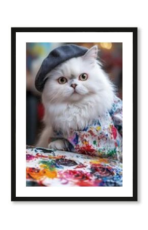 A charming fluffy cat dressed as an artist stands beside a colorful palette. Creativity is in the air with this whimsical feline ready to paint. Generative AI