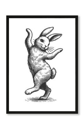 Easter bunny joyful rabbit dancing in spring flowers, drawn in an engraved, woodcut style sketch engraving generative ai raster. Scratch board. Black and white image.