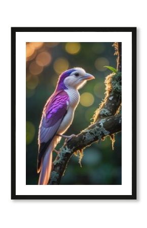 Colorful bird perched on a mossy tree branch in the forest during golden hour with soft bokeh background