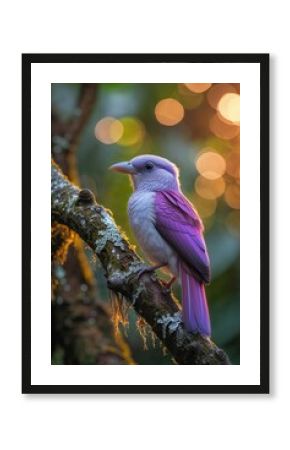 Stunning purple bird perched on a branch during sunset in a lush forest setting with bokeh background