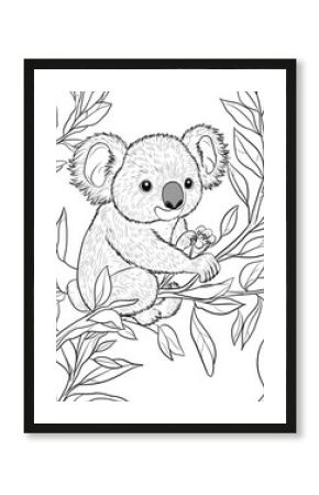 Adorable koala bear cub sitting on a branch in a lush, leafy tree.  A charming black and white illustration perfect for coloring.