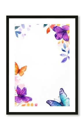Watercolor butterflies and floral elements decorate the blank white background space