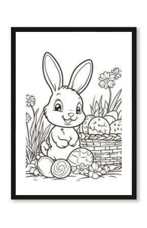 easter A cheerful bunny coloring page with decorative Easter eggs and flowers, perfect for children to enjoy creative coloring during festive celebrations.