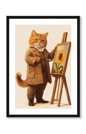 Painting cat illustration sunflower.