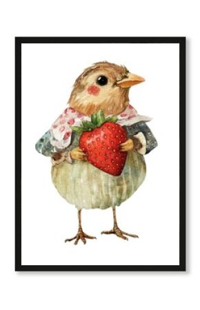 A bird carry a strawberry illustration watercolor artwork.