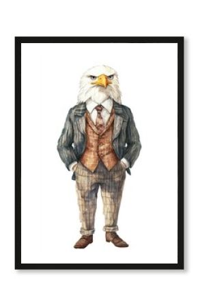 An eagle wearing suit art illustration watercolor.