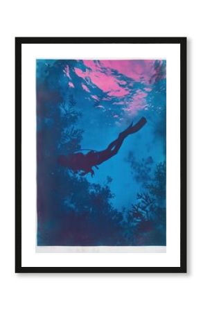 Silkscreen of a snorkeling nature underwater swimming.