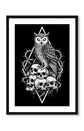 Majestic Owl Perched on Skulls: Gothic Black and White Art