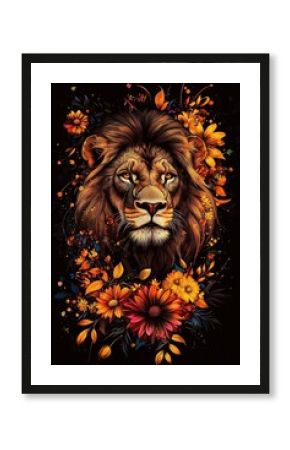 AI-generated illustration featuring a beautiful lion surrounded by vibrant flowers.
