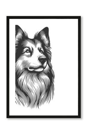 cheerful dog with detailed fur texture, expressive eyes, and a decorative leaf accent sketch engraving generative ai raster illustration. Scratch board imitation. Black and white image.