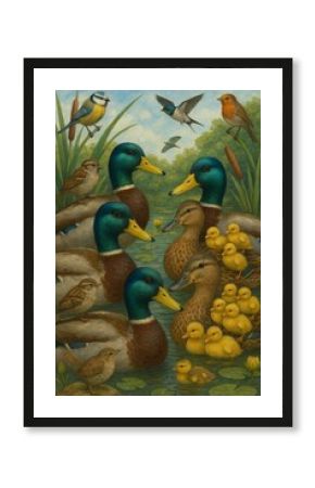 Colorful Ducks and Chicks Gathered by a Serene Pond Surrounded by Lush Greenery Under a Bright Sky