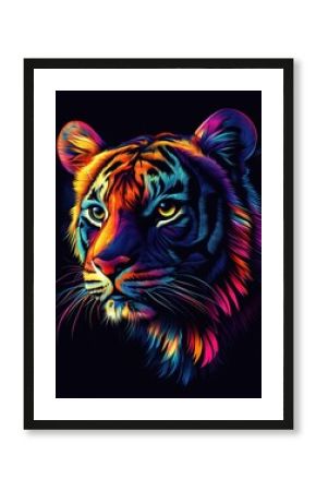 Colorful tiger portrait shining in the darkness