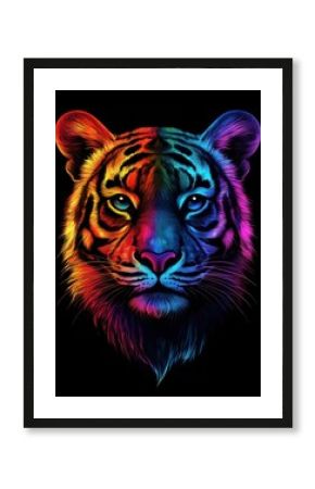 Rainbow tiger face emerging from darkness, vibrant neon colors