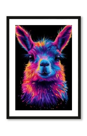 Colorful llama portrait vibrating with neon colors on black background