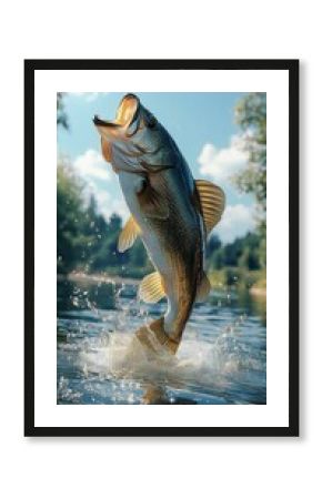 Large Bass Jumping out of the Water in a Serene Natural Environment During Bright Daylight